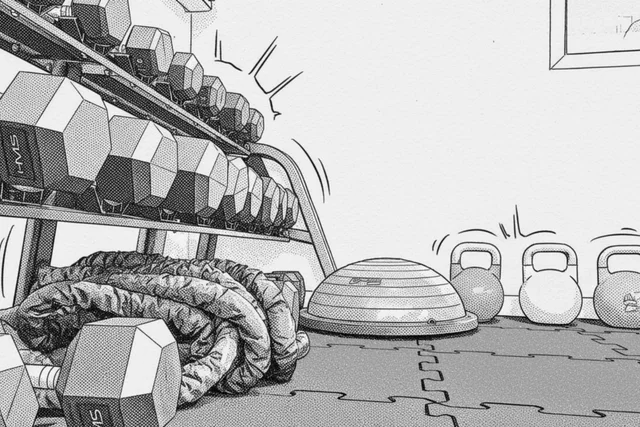 Ilustracja wyposażenia studia — hantle, kettlebell i sprzęt funkcjonalny